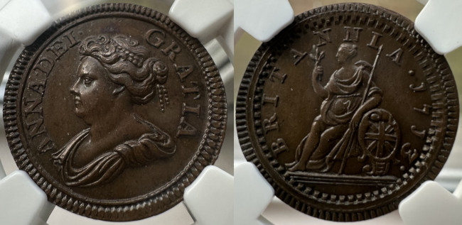 Queen Anne, 1713 pattern copper farthing P738